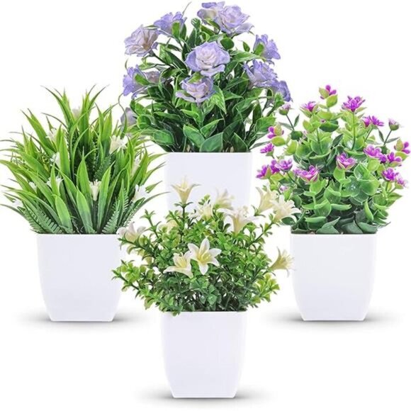 Small Fake Potted Plants Set of 4 Mini Artificial Flowers Indoor Home Decor - Picture 7 of 7